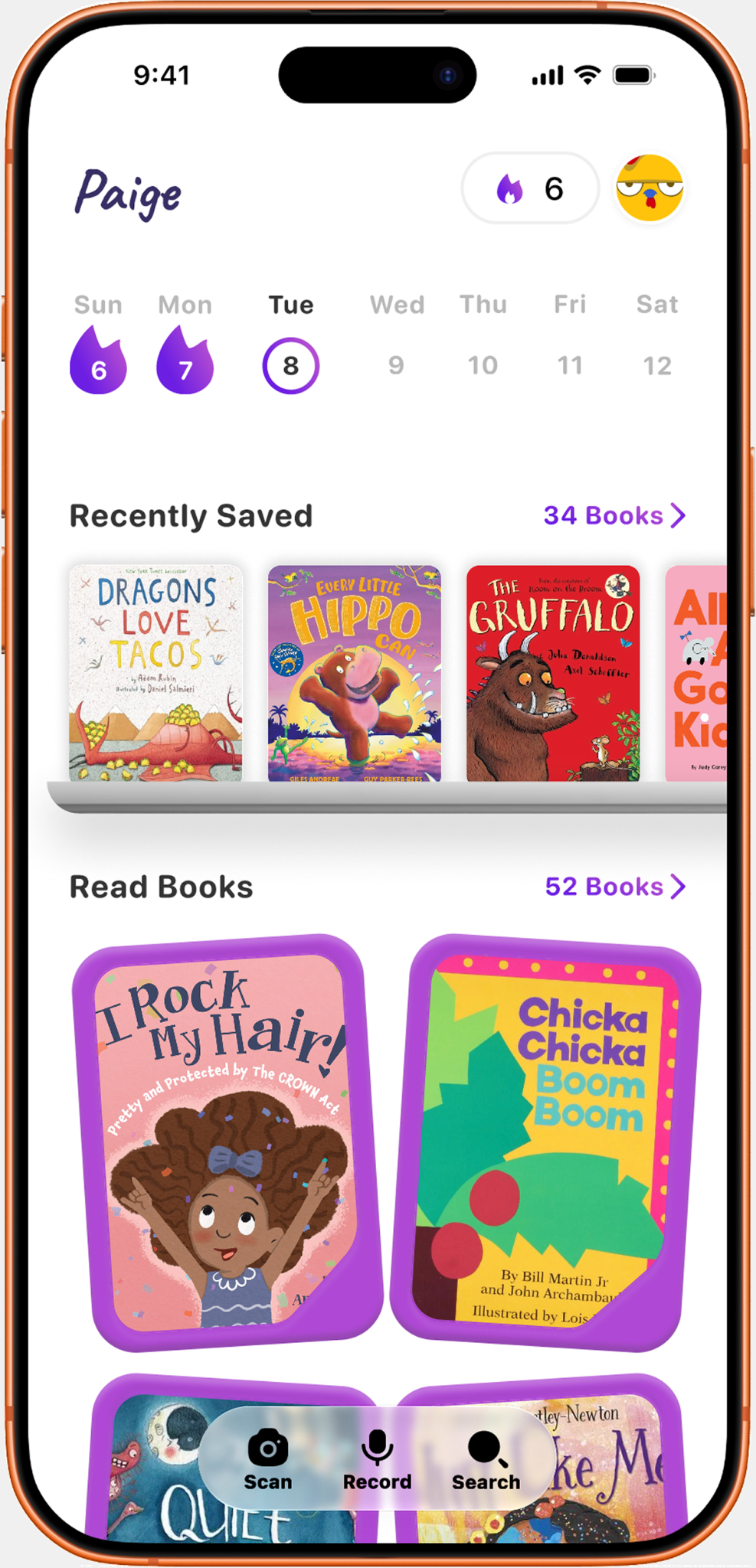 Paige reading companion showing saved and previously read books
